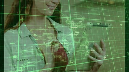 Poster - Technology user tapping tablet and scrolling holographic grid overlays to analyze tech schematics