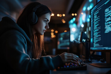 Young woman coding late at night 