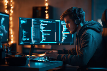 Very young male computer programming expert at home during the night time

