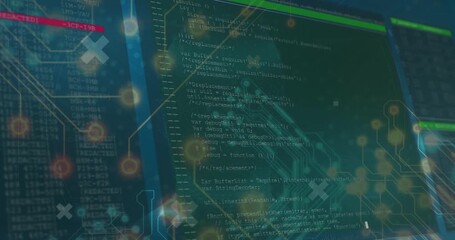 Poster - Pulsing nodes building network, globe emerging, bars sliding, code scrolling, visualizing interface