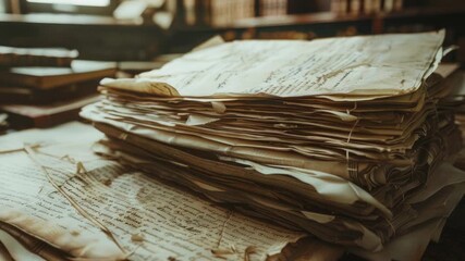 Aufkleber - A stack of yellowed papers sits on a worn wooden table, awaiting attention