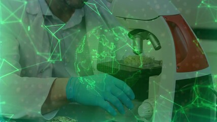 Poster - Scientist placing slide under microscope then adjusting knob, animating network globe for science