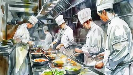 Aufkleber - Group of chefs preparing meal in a modern kitchen