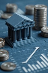 Poster - 3D model of a bank with coins and financial growth chart