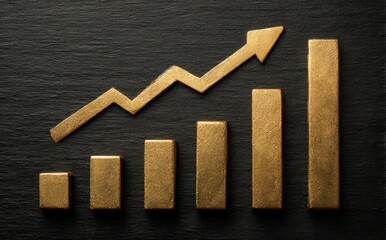 Poster - Gold bar chart with upward arrow symbolizing financial growth and success
