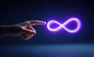 Poster - Hand pointing at glowing infinity symbol on a dark background