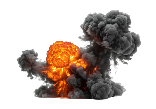 Ultra photorealistic 3D explosion with vibrant orange-red flames and dense black-grey volumetric smoke plumes, showing dissipation, captured in 3/4 view on a pristine transparent background for visual