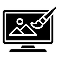 Poster - Graphic Editor Glyph Black Silhouette Icon Vector Design - computer screen with an image and brush, symbolizing digital illustration or image editing