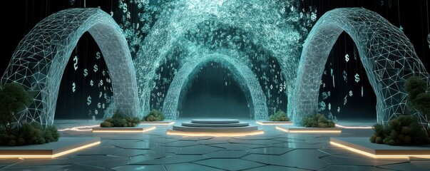 Poster - Futuristic low-poly exhibition featuring illuminated arches and abstract digital patterns