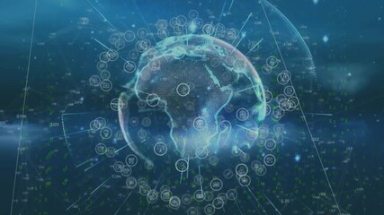 Poster - On launch 3D globe rotating while icons emerging and connecting representing global network