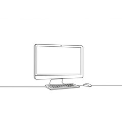 Fototapete - Line art drawing of a computer display, keyboard, and mouse provides a minimalistic graphic ideal for website design or tech-themed visuals.