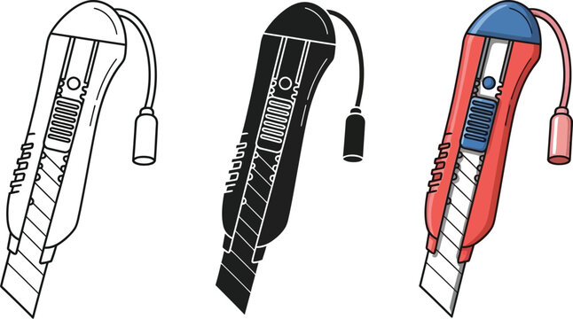 Three utility knives are displayed in different styles, including a line drawing, a silhouette, and a colored version, perfect for illustrating tools and construction concepts.