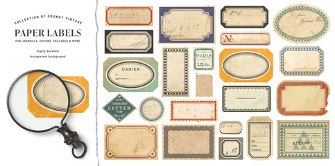 set / collection of detailed grungy stained paper labels with scribbles and numbers as design elemen