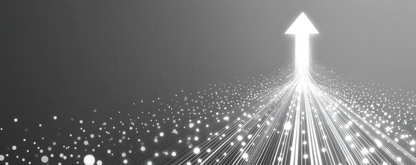 Poster - White arrow rising upward amidst glowing lines on a grey background