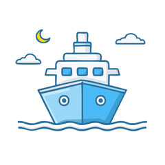 Poster - Blue cartoon ship at sea illustration with moon and clouds marine navigation