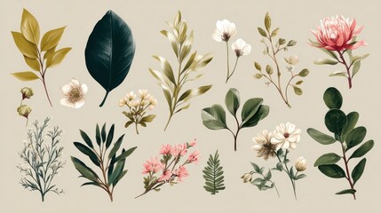 Poster - Collection of floral and botanical elements. Set of leaf, foliage wildflowers, plants, bloom, leaves and herb. Hand drawn of blossom spring season vectors for decor, website, graphic and shop., no lo