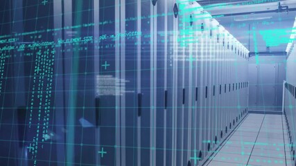 Poster - Faint turquoise grid materializing triggers code fragments scrolling racks showing diagnostic sweep