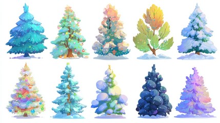 Poster - Winter colorful cartoon Christmas tree vector set, no logos, no brands