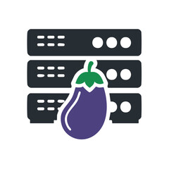 Poster - Cartoon servers with an eggplant, data management humor, digital illustration concept and vegetable presence