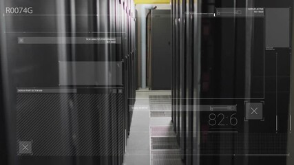 Poster - HUD overlay opening labeling R0074G on server corridor, readout rising and falling for monitoring