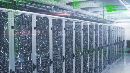 Poster - Neon green code overlay starting on server cabinets and cascading over racks to visualize data flow