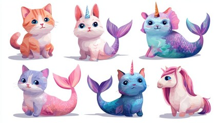 Poster - Cat unicorn mermaid. Graphic happy magic mermaids. Funny cartoon kitten hare pony. Sea life clipart for kids, cute ocean animals set, no logos, no brands