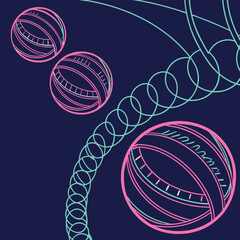 Poster - Abstract vector illustration of geometric spheres with swirling lines in turquoise and pink colors against a dark blue background.