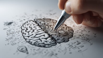 Poster - Brain function concept with handwriting sketch of right and left brain hemispheres, science symbols and creativity illustration. 3D rendering, no logos, no brands