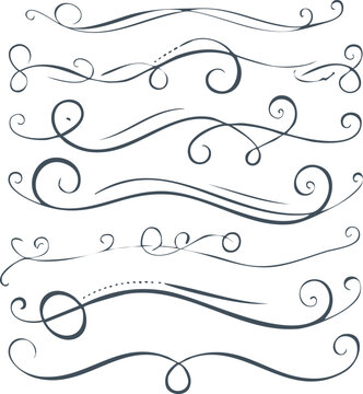 Vector swirl lines. Swash and flourish underlines. Hand drawn swish and swooshes. Calligraphic elegant vintage curved squiggles. Doodle fancy dividers.calligraphy, curve, art, illustration, shape, 