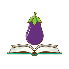 Poster - Cartoon Eggplant on Open Book Illustration Vector Graphic Isolated