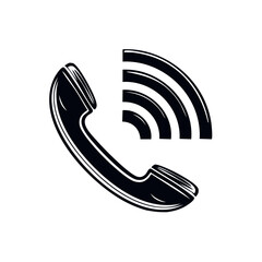 Poster - Retro Phone Handset with Radio Wave Illustration Communicating Black and White