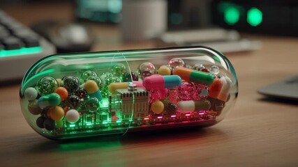 Poster - Innovative Smart Biotech Capsule Programmable Nano Technology with Colorful Designs Evokes Curiosity and Represents Health Innovation