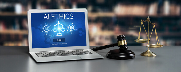 Poster - AI ethics responsibility standard law and rules on computer screen provide report of AI ethic transparency preventing technology crime. brisk