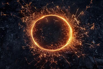Poster - Light painting with sparklers creating a perfect circle on asphalt