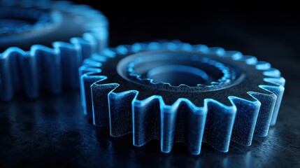 Poster - abstract 3d rendering of a close-up of gears in blue light with a dark background.