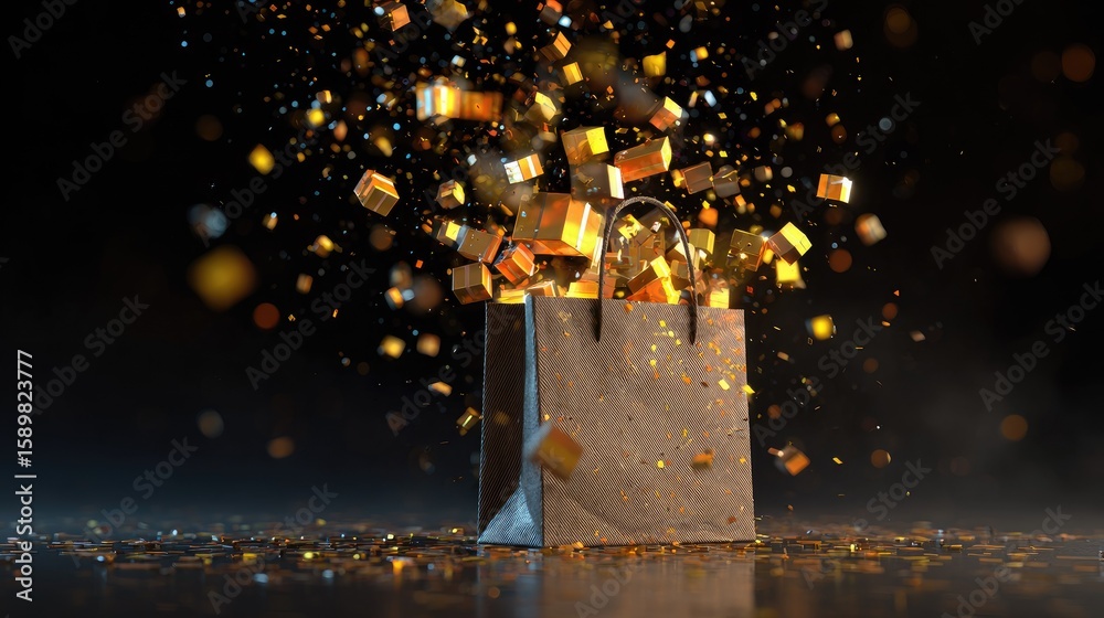 Paper shopping bag filled with golden confetti Stock Illustration ...