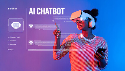 Poster - A young woman enthusiastically engages with an AI chatbot using a virtual reality headset. The vibrant background enhances the immersive technology experience, showcasing innovation. XDMCP