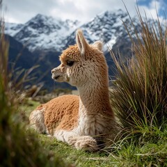 Canvas Print - A baby alpaca lying in green grass with snow-capped mountains behind, camera zooming slowly in, soft ambient mountain air