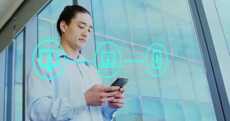 Poster - Business professional tapping smartphone and activating linked teal icons showing tech connectivity