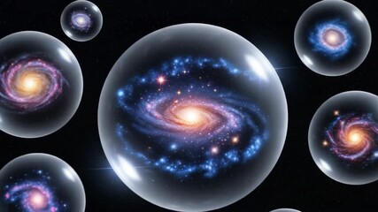 Wall Mural - Galaxies in Bubbles: Multiverse Concept - A mesmerizing visualization depicting multiple spiral galaxies encased within transparent bubbles, floating against a dark cosmic backdrop.