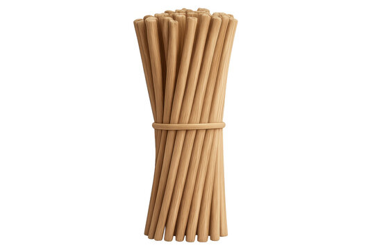 Wooden sticks bundle tightly bound with string, light brown color, realistic 3d rendering against transparent backdrop