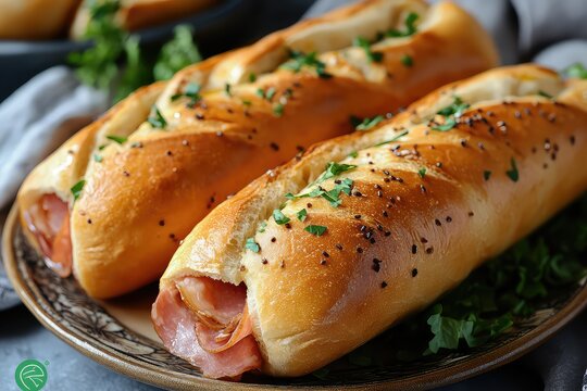Warm and crusty sub rolls on a decorative plate with a side of deli meats and a sprinkle of lettuce