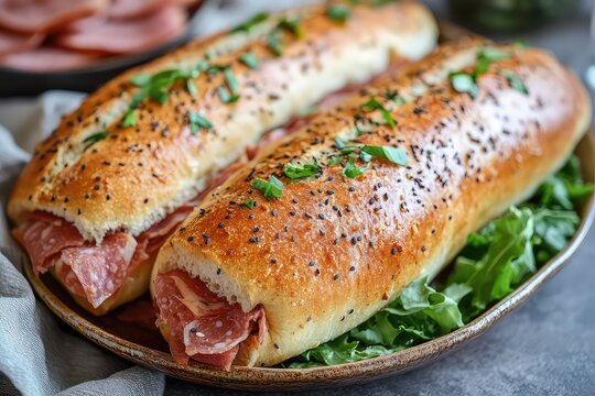 Warm and crusty sub rolls on a decorative plate with a side of deli meats and a sprinkle of lettuce