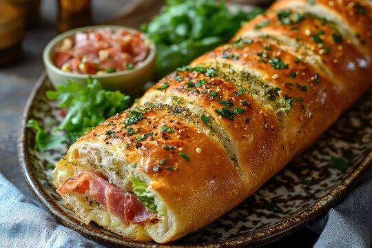Warm and crusty sub rolls on a decorative plate with a side of deli meats and a sprinkle of lettuce