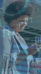 Poster - Animation of trading board, woman with coffee cup walking and scrolling on cellphone