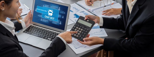 Poster - Business intelligence and data analysis concept. Analyst team working on financial data analysis dashboard on laptop screen as marketing indication for effective business strategic planning. Insight
