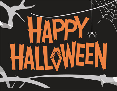 happy halloween text with spider and web on black background perfect for spooky greeting cards and festive seasonal vector illustrations