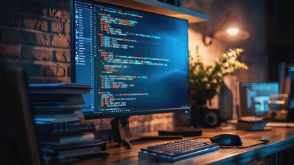 Leinwandbilder - A computer monitor sitting on a wooden desk, great for office or home use