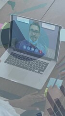 Poster - Animation of financial graphs and data over african american female designer having video call
