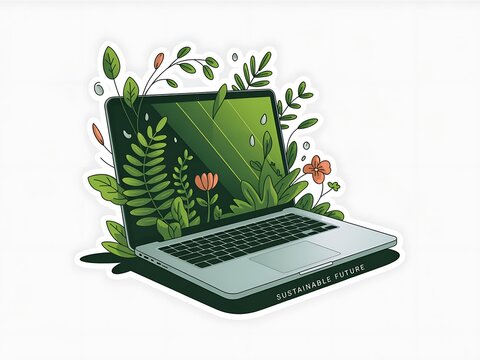Laptop Surrounded by Plants Representing a Sustainable Future and Eco Friendly Technology